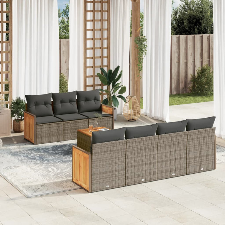 8-delige Loungeset met kussens poly rattan grijs