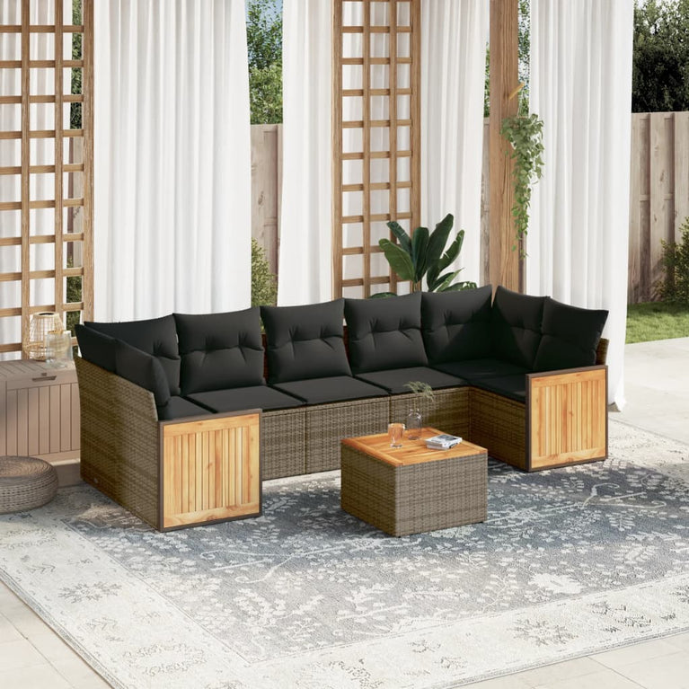 8-delige Loungeset met kussens poly rattan grijs