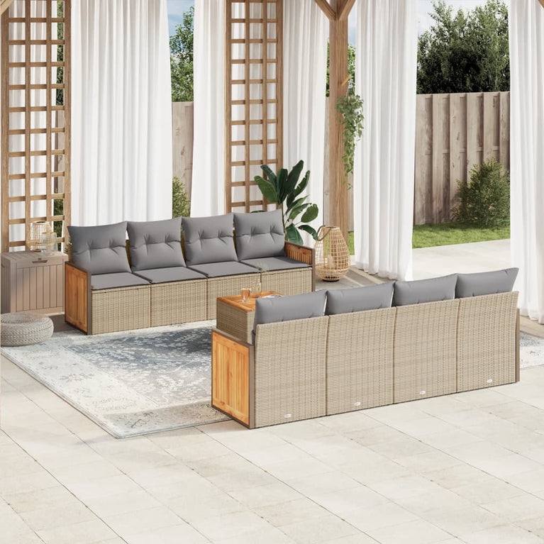 9-delige Loungeset met kussens poly rattan beige