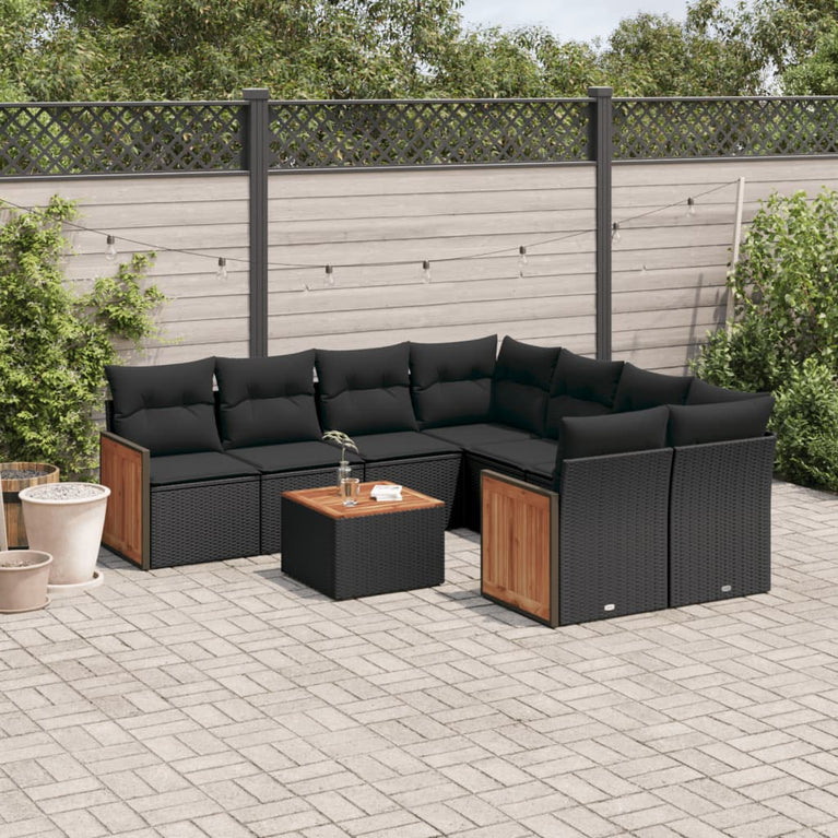 9-delige Loungeset met kussens poly rattan zwart