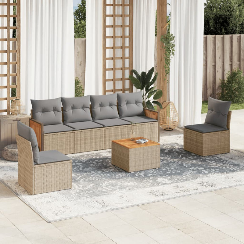 7-delige Loungeset met kussens poly rattan beige