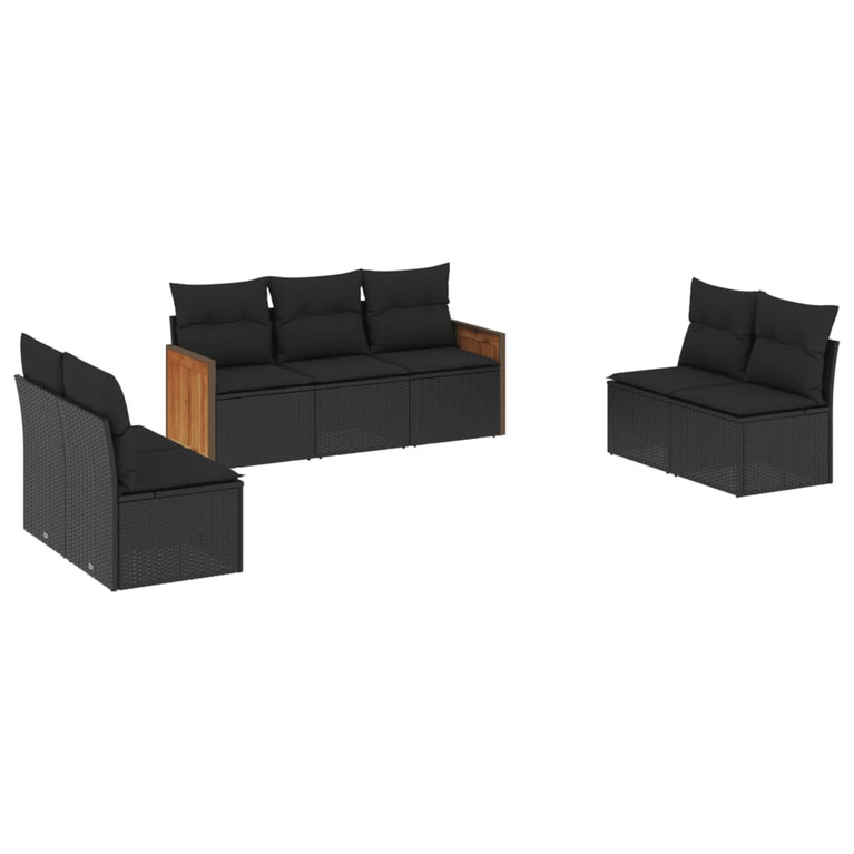 7-delige Loungeset met kussens poly rattan zwart