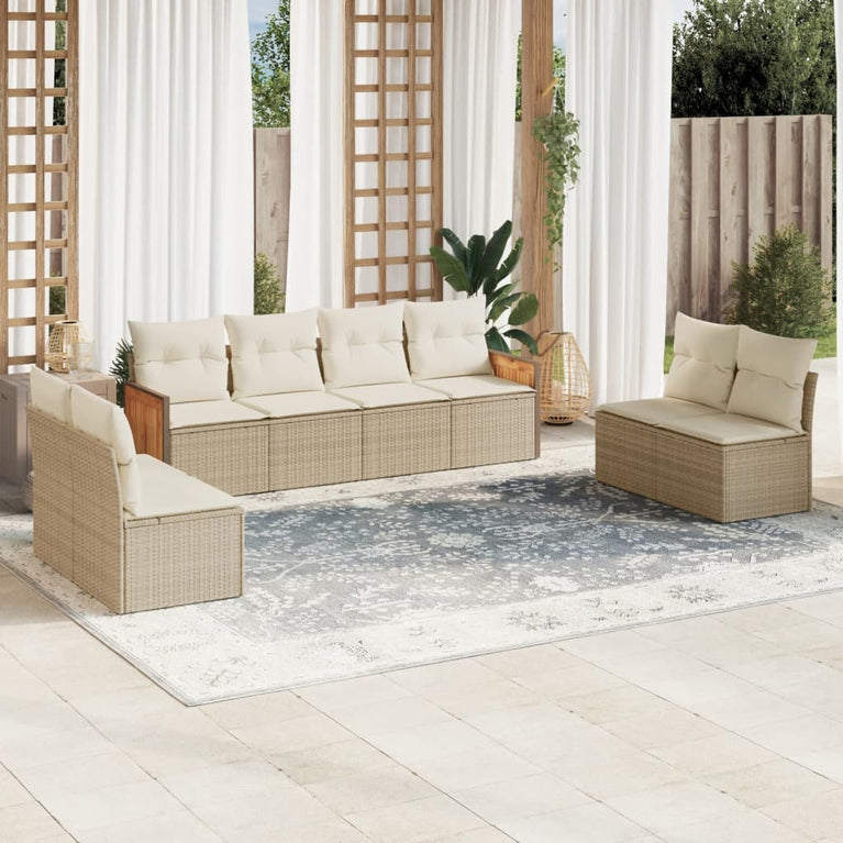 8-delige Loungeset met kussens poly rattan beige