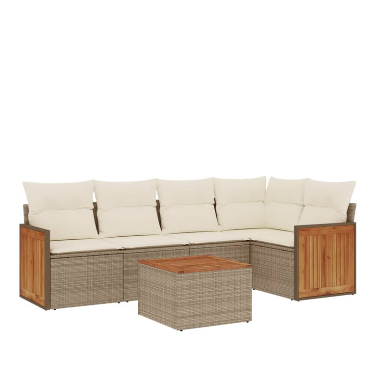 6-delige Loungeset met kussens poly rattan beige