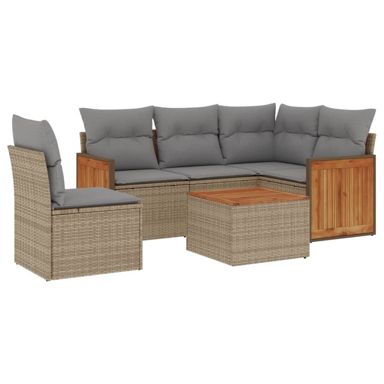 6-delige Loungeset met kussens poly rattan beige