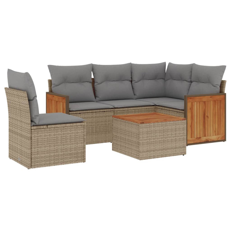 6-delige Loungeset met kussens poly rattan beige