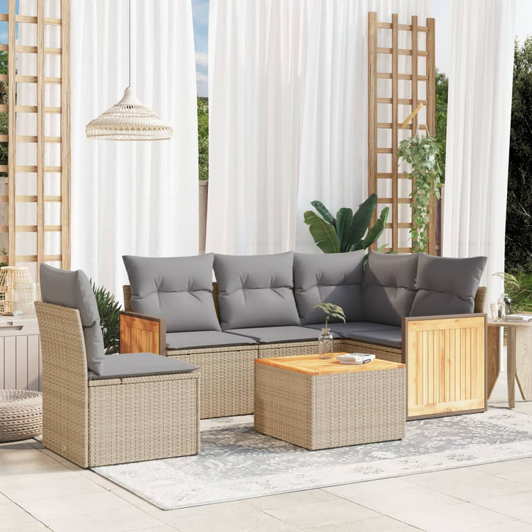 6-delige Loungeset met kussens poly rattan beige