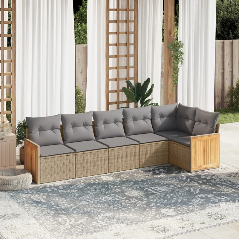 6-delige Loungeset met kussens poly rattan beige