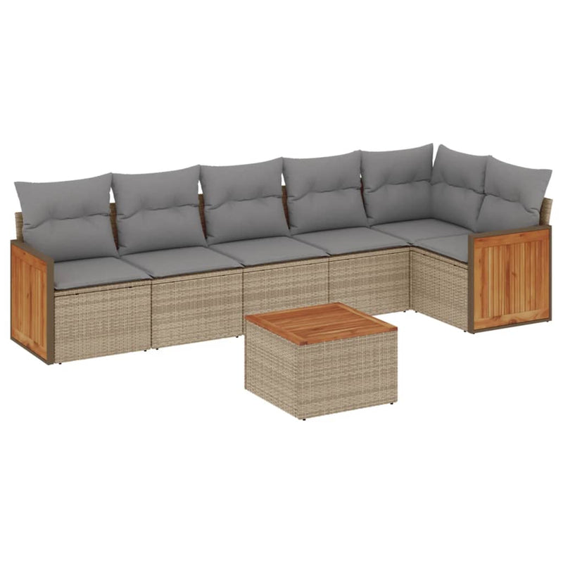 7-delige Loungeset met kussens poly rattan beige