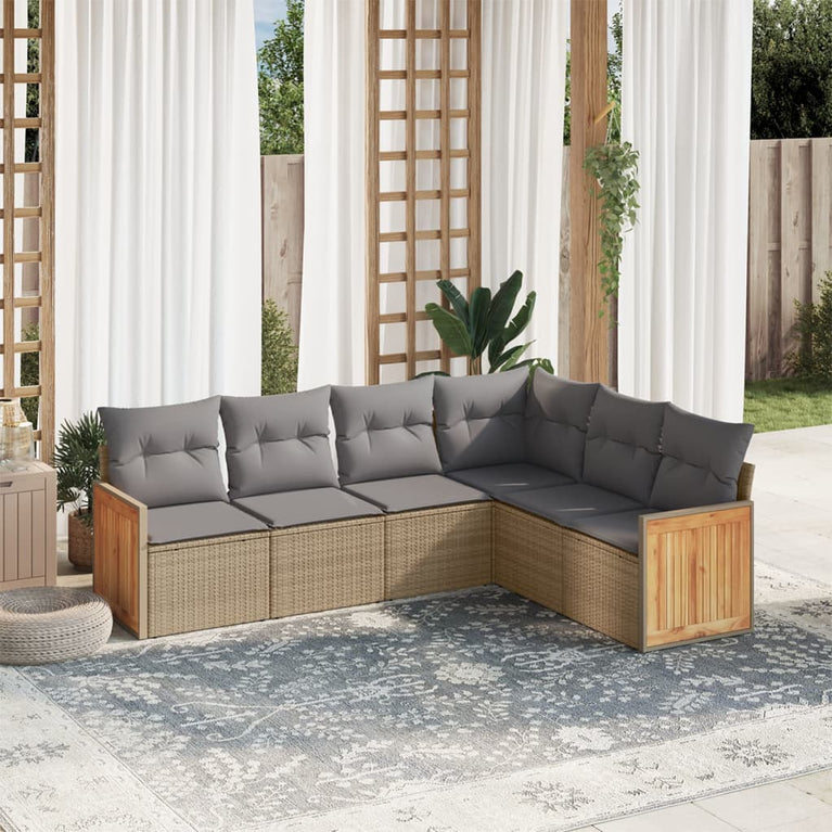 6-delige Loungeset met kussens poly rattan beige