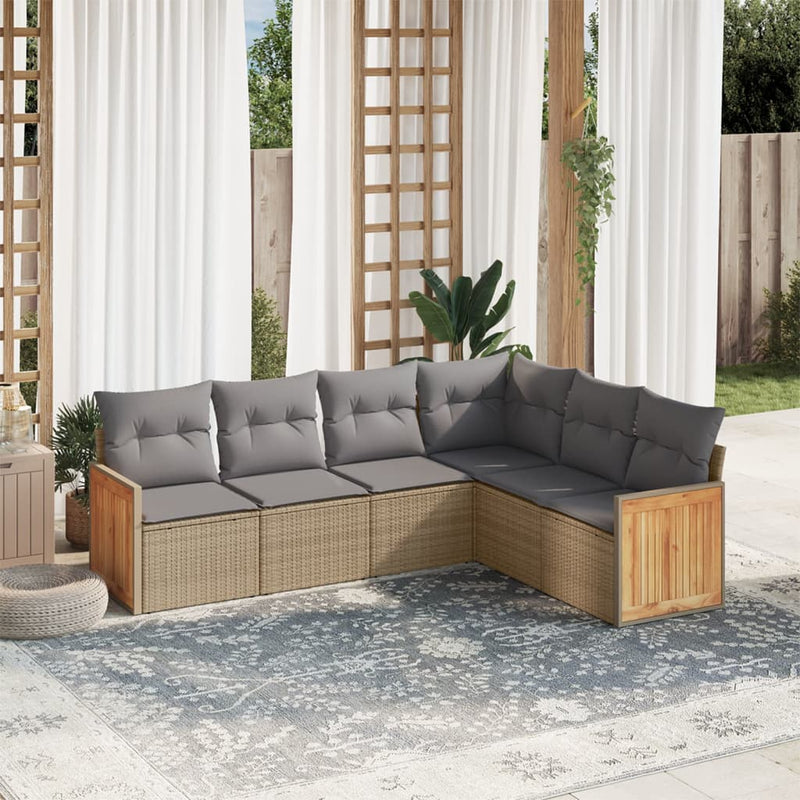 6-delige Loungeset met kussens poly rattan beige