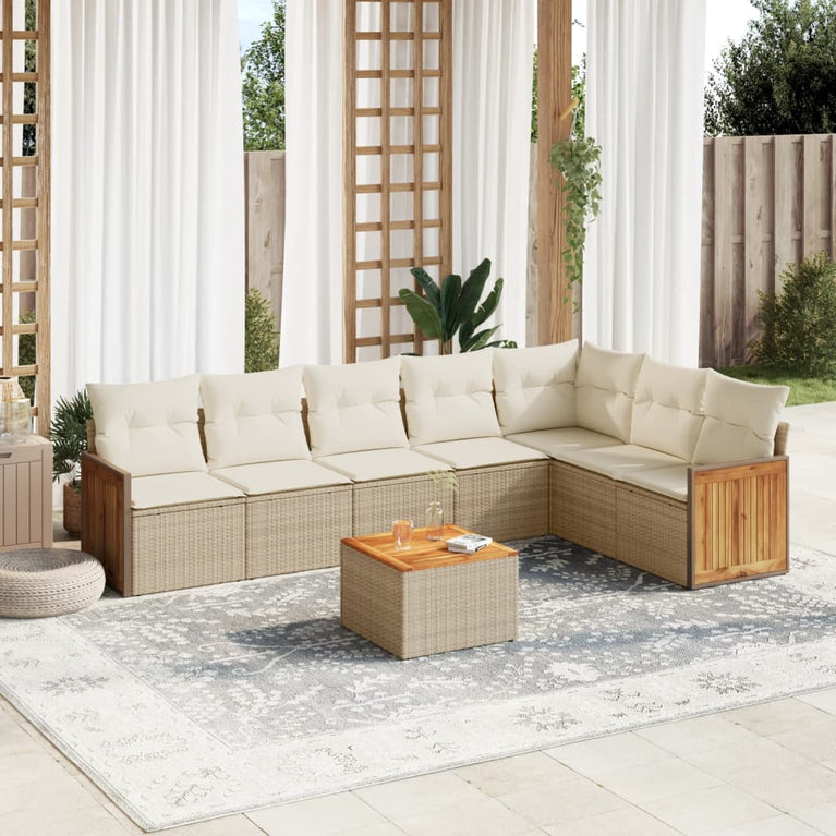 8-delige Loungeset met kussens poly rattan beige