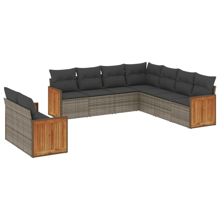 9-delige Loungeset met kussens poly rattan grijs