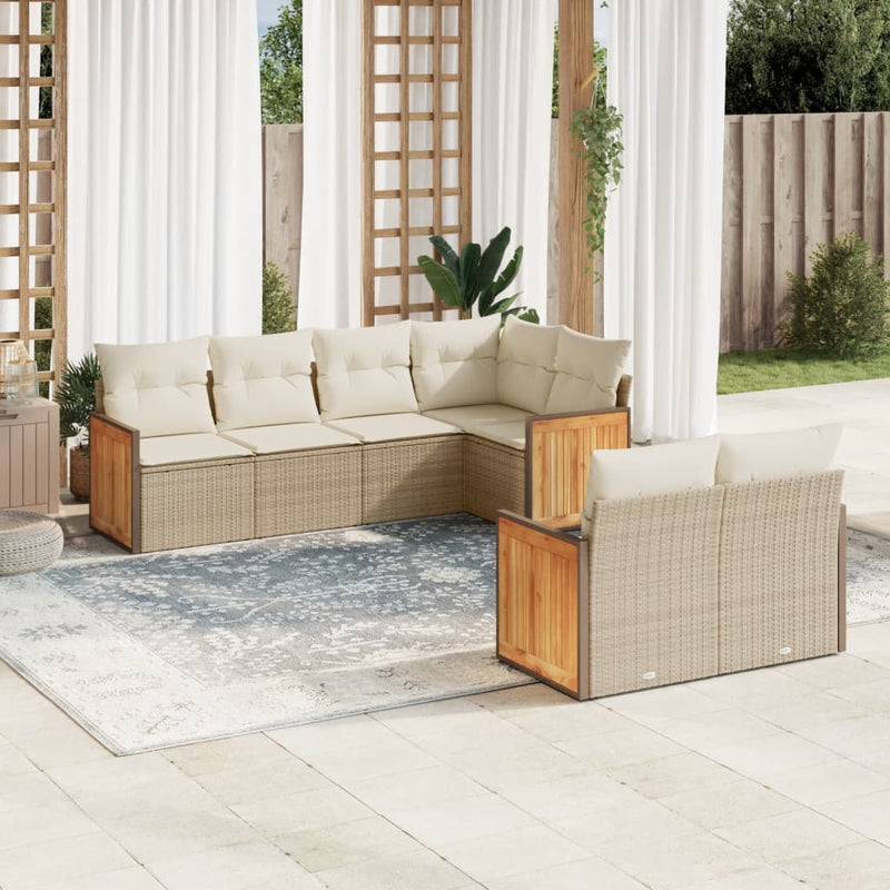 7-delige Loungeset met kussens poly rattan beige