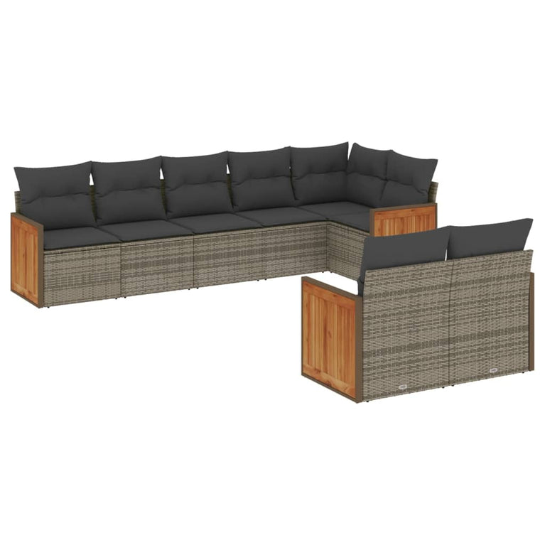 8-delige Loungeset met kussens poly rattan grijs