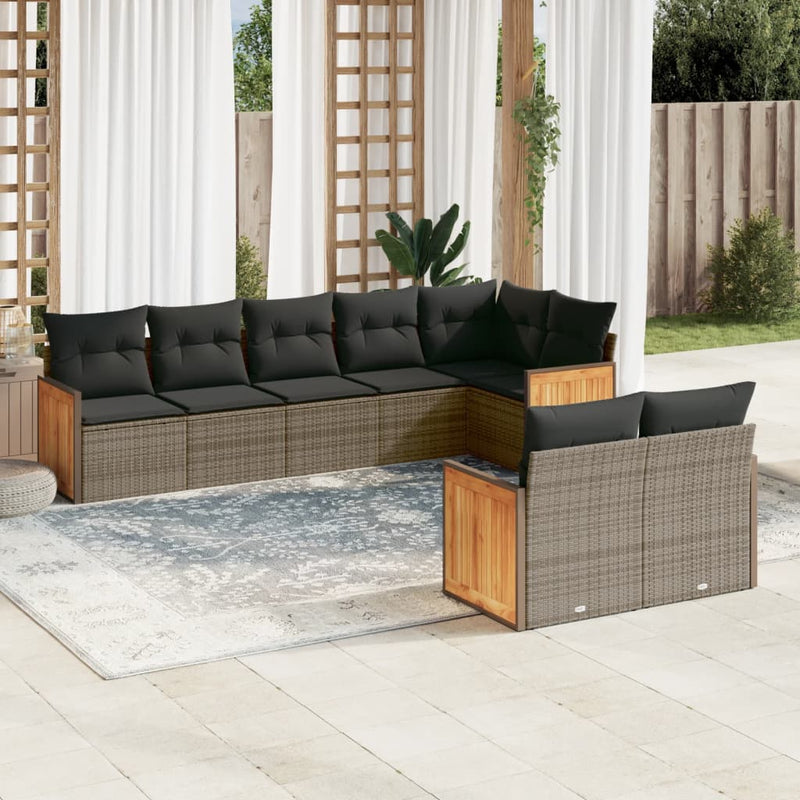 8-delige Loungeset met kussens poly rattan grijs