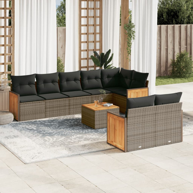9-delige Loungeset met kussens poly rattan grijs