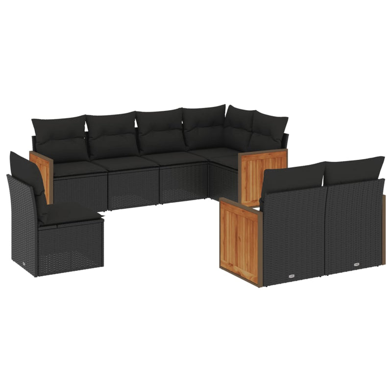 8-delige Loungeset met kussens poly rattan zwart