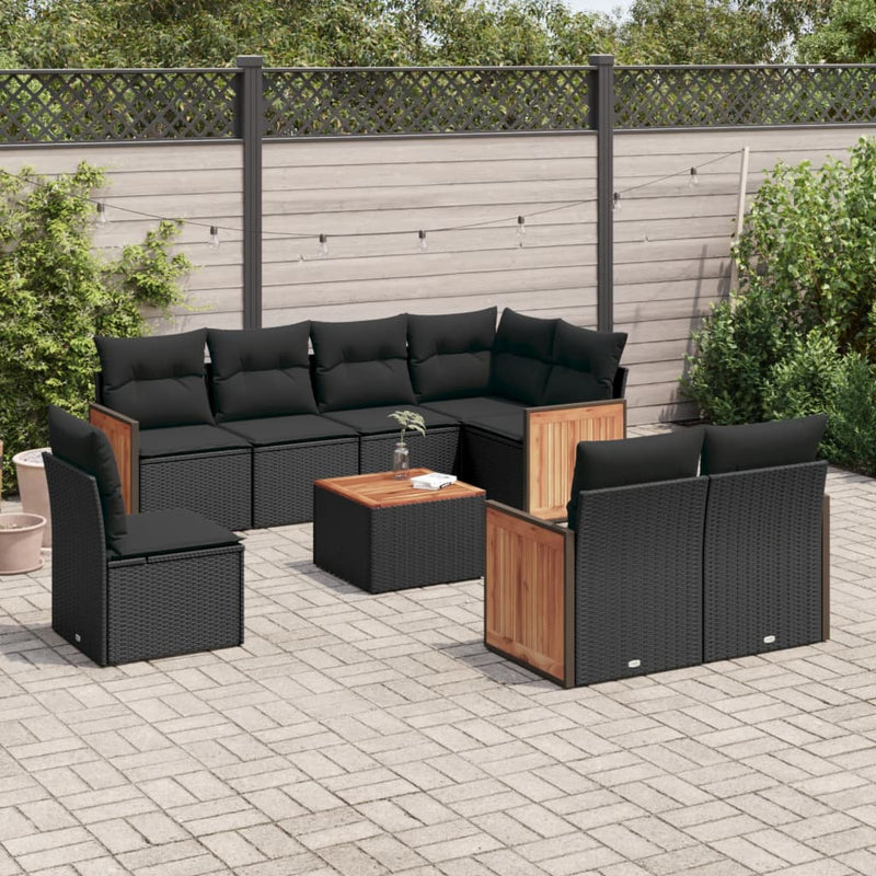 9-delige Loungeset met kussens poly rattan zwart