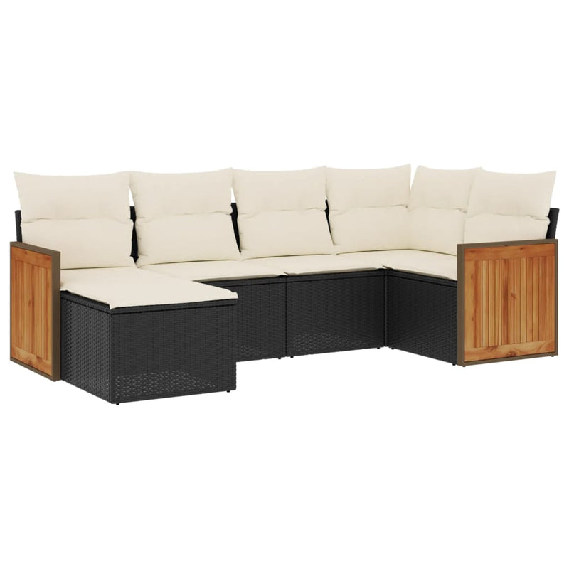 6-delige Loungeset met kussens poly rattan zwart