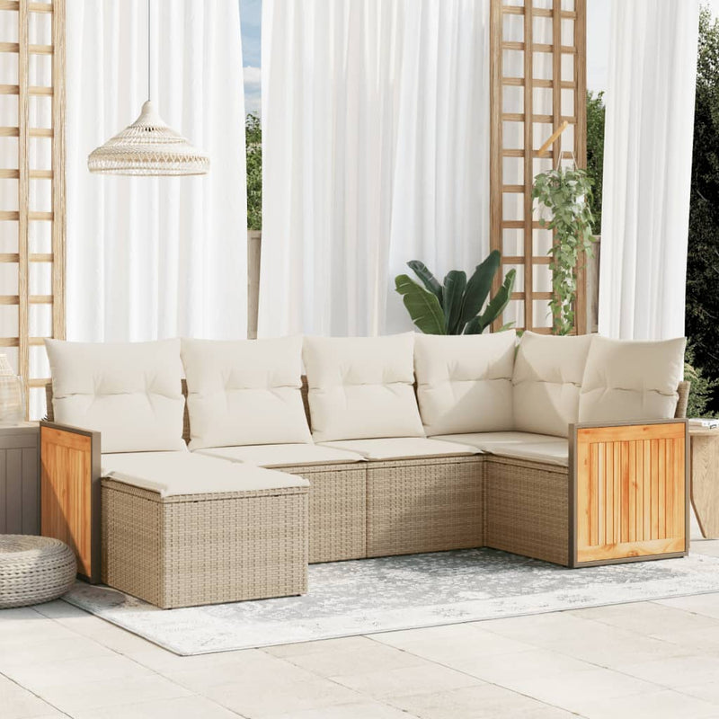 6-delige Loungeset met kussens poly rattan beige