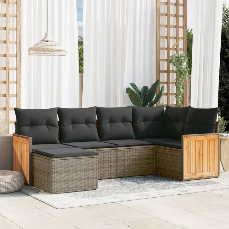 6-delige Loungeset met kussens poly rattan grijs