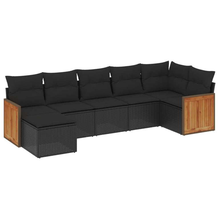 7-delige Loungeset met kussens poly rattan zwart