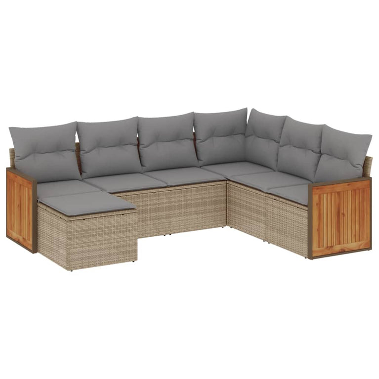 7-delige Loungeset met kussens poly rattan beige