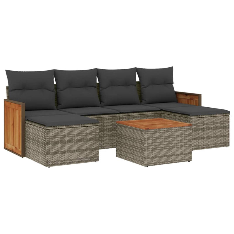 7-delige Loungeset met kussens poly rattan grijs