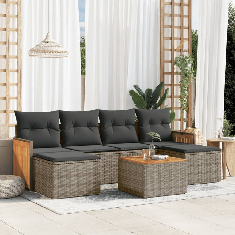 7-delige Loungeset met kussens poly rattan grijs