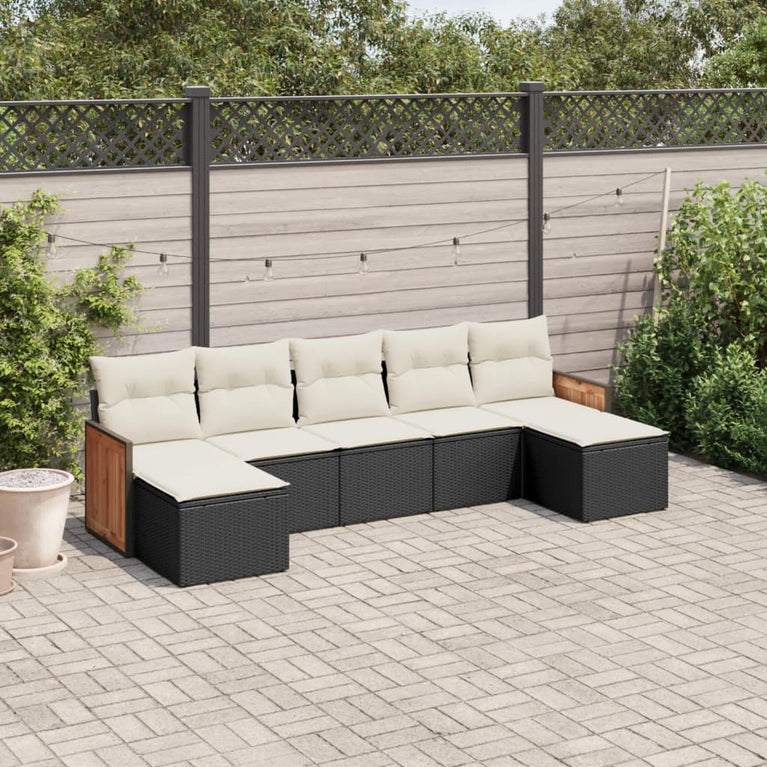 7-delige Loungeset met kussens poly rattan zwart