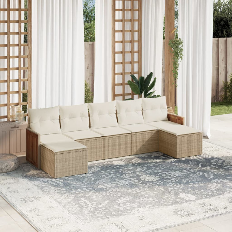 7-delige Loungeset met kussens poly rattan beige