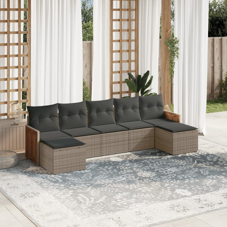 7-delige Loungeset met kussens poly rattan grijs