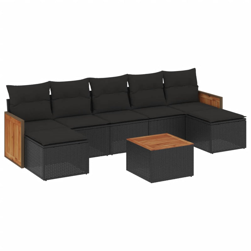 8-delige Loungeset met kussens poly rattan zwart