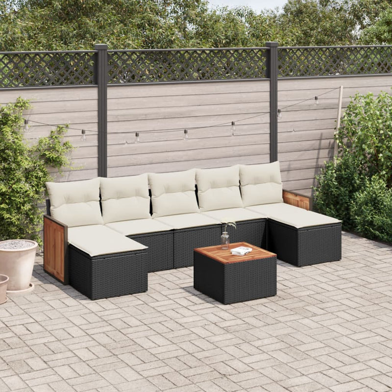 8-delige Loungeset met kussens poly rattan zwart