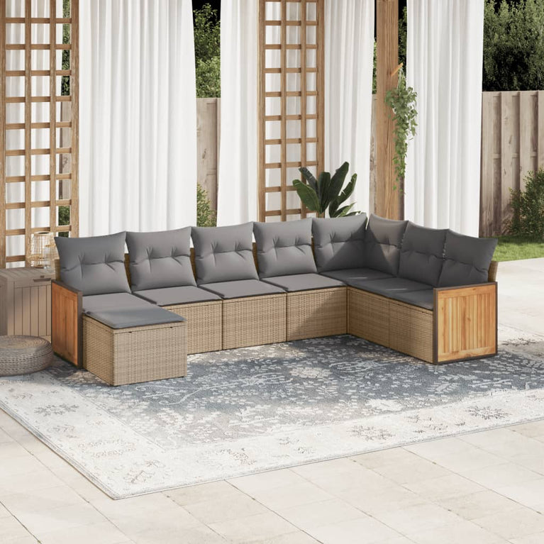 8-delige Loungeset met kussens poly rattan beige
