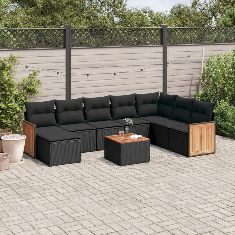 9-delige Loungeset met kussens poly rattan zwart
