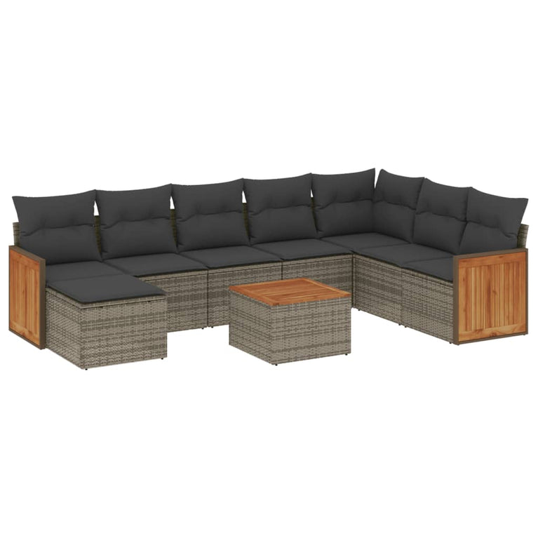 9-delige Loungeset met kussens poly rattan grijs