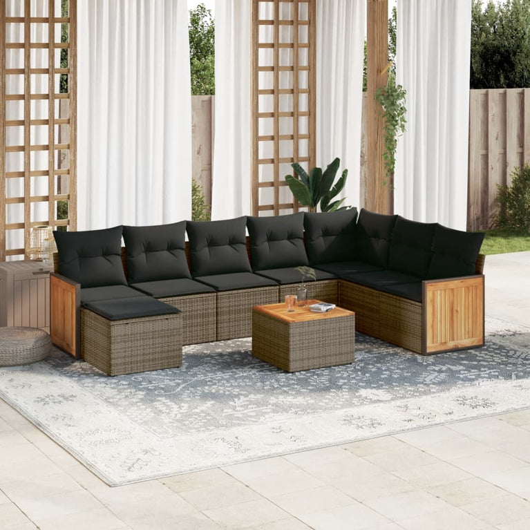 9-delige Loungeset met kussens poly rattan grijs