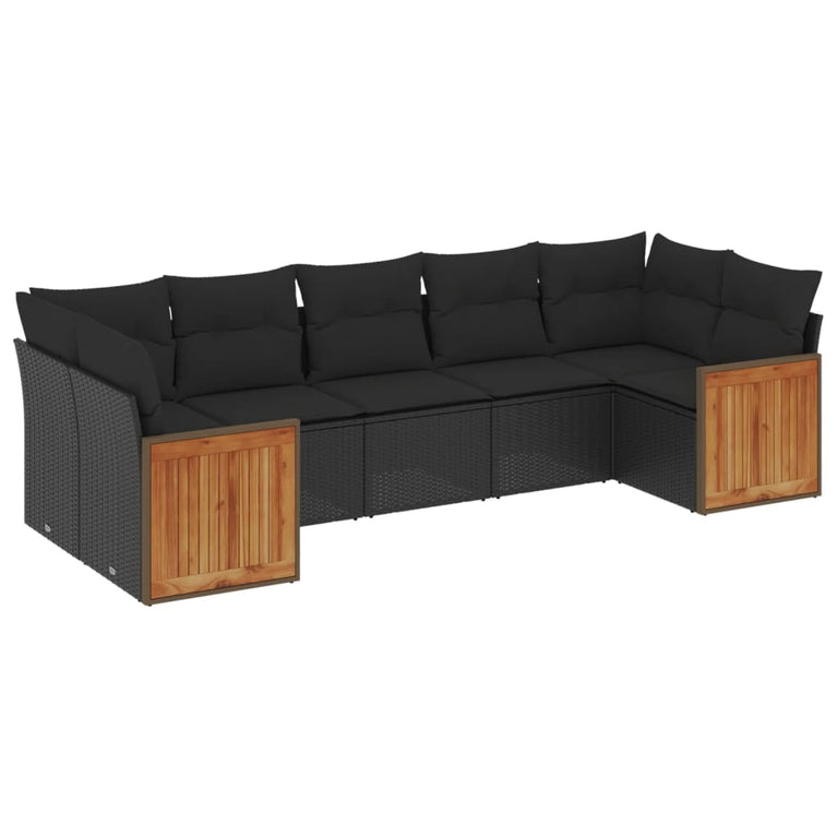 7-delige Loungeset met kussens poly rattan zwart