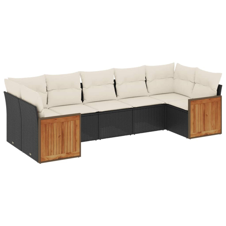 7-delige Loungeset met kussens poly rattan zwart