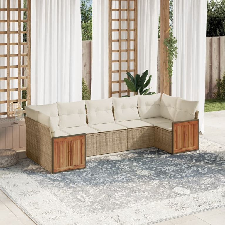 7-delige Loungeset met kussens poly rattan beige