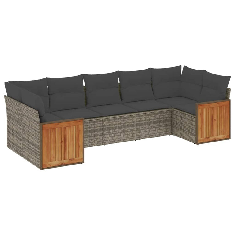 7-delige Loungeset met kussens poly rattan grijs