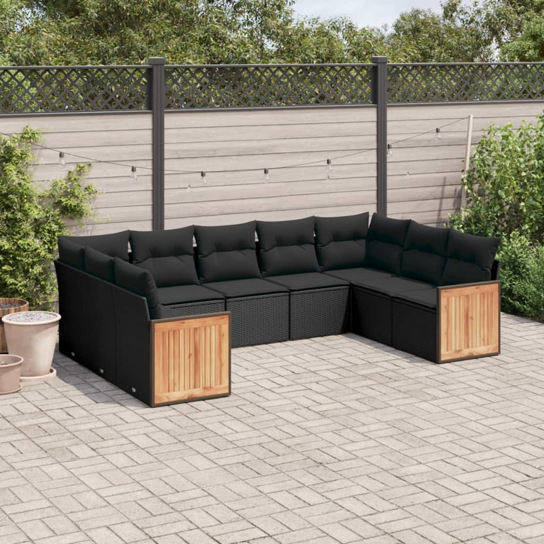 9-delige Loungeset met kussens poly rattan zwart