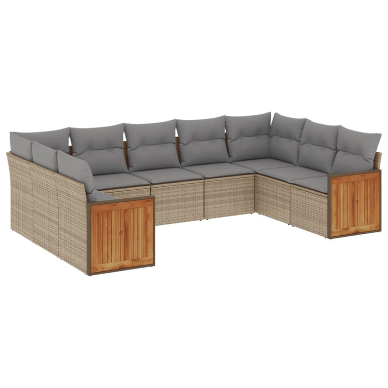 9-delige Loungeset met kussens poly rattan beige