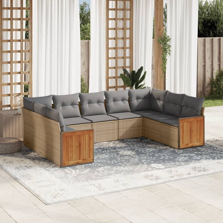 9-delige Loungeset met kussens poly rattan beige