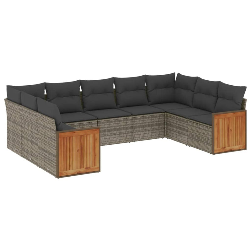 9-delige Loungeset met kussens poly rattan grijs