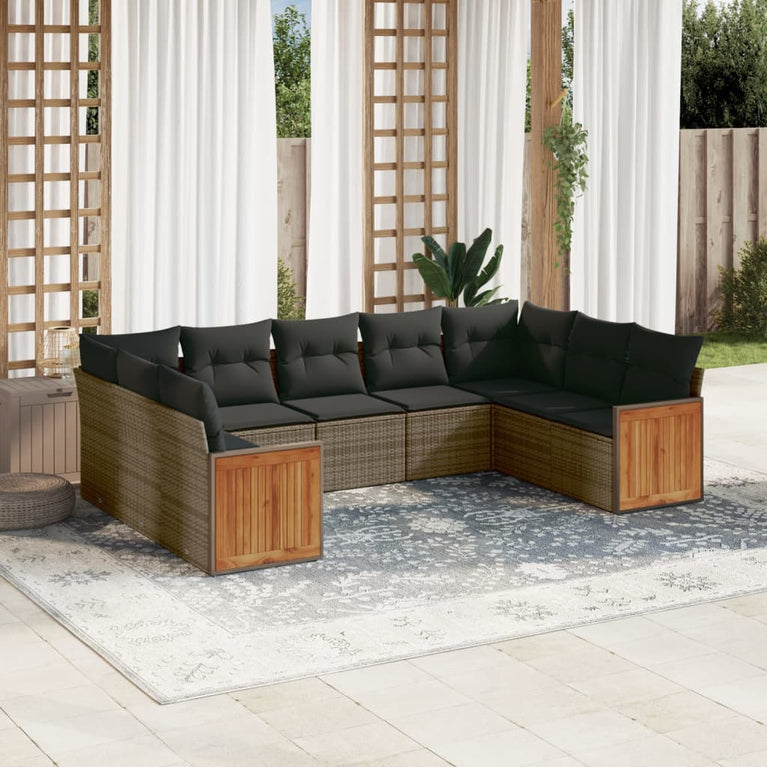 9-delige Loungeset met kussens poly rattan grijs