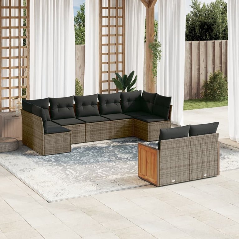 9-delige Loungeset met kussens poly rattan grijs