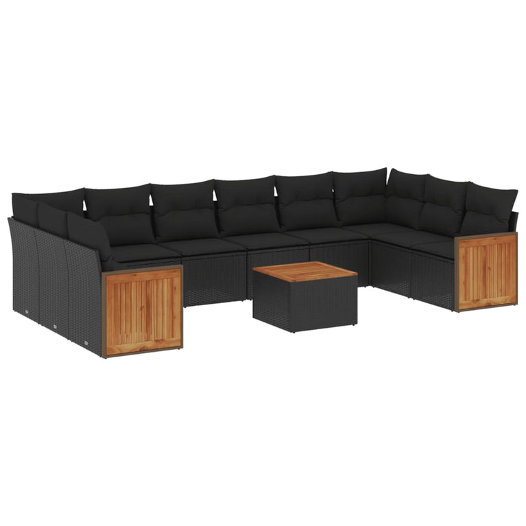 11-delige Loungeset met kussens poly rattan zwart